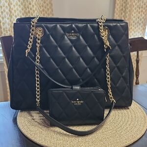 Kate Spade Carey Black Quilted Tote with Gold Chain Plus Medium Bifold Wallet